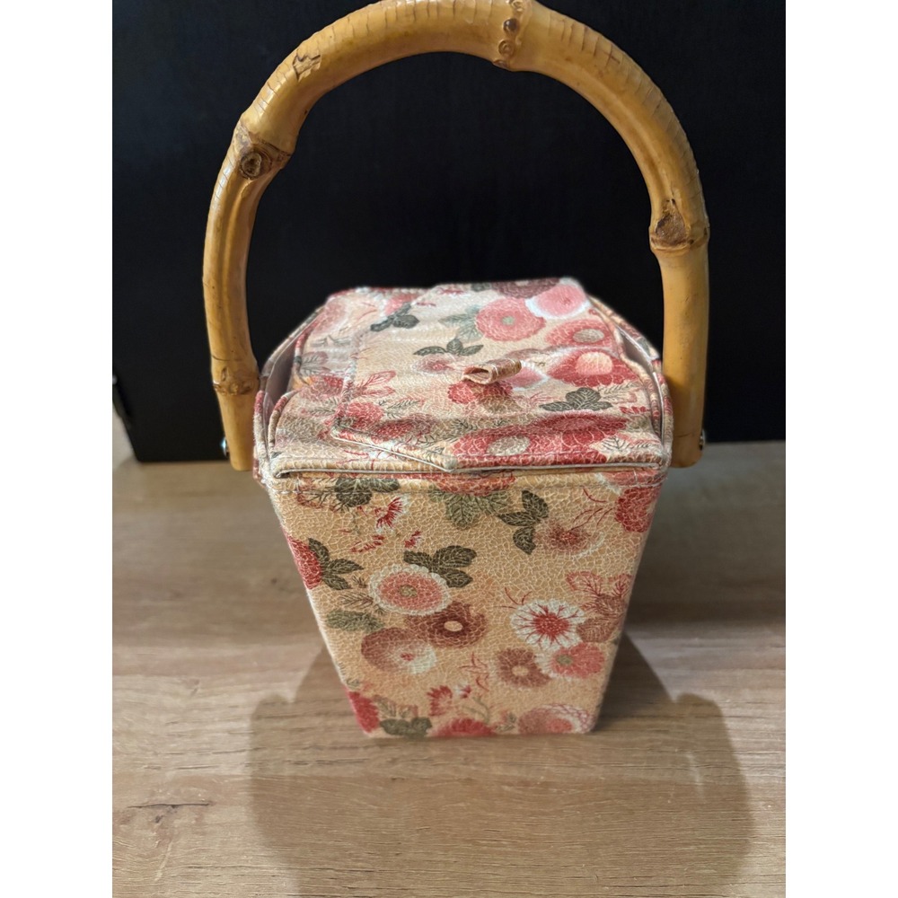 Y2K Floral Brocade Takeout Box Handbag with Bamboo Handle Pink Coral Novelty